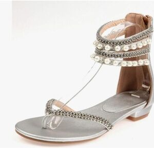 Silver Sandal Bling and Pearls Ankle Zipper size 8.5